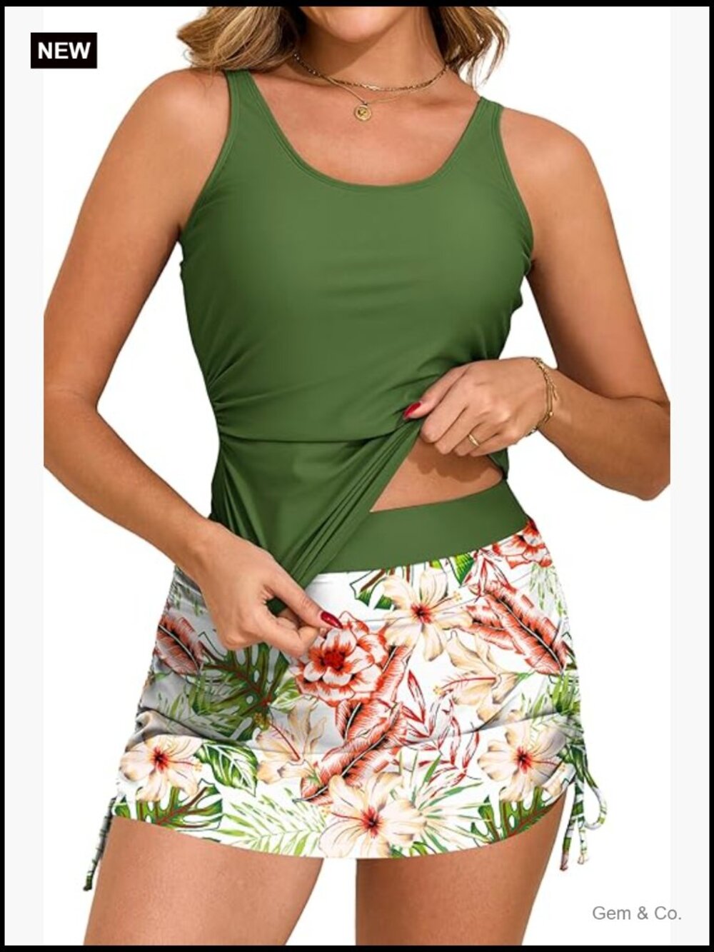 Tummy Control Tankini Set with Skirt - Smocked Bust High Rise